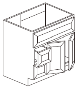 3D line drawing of a cabinet with detailed molding and panels.
